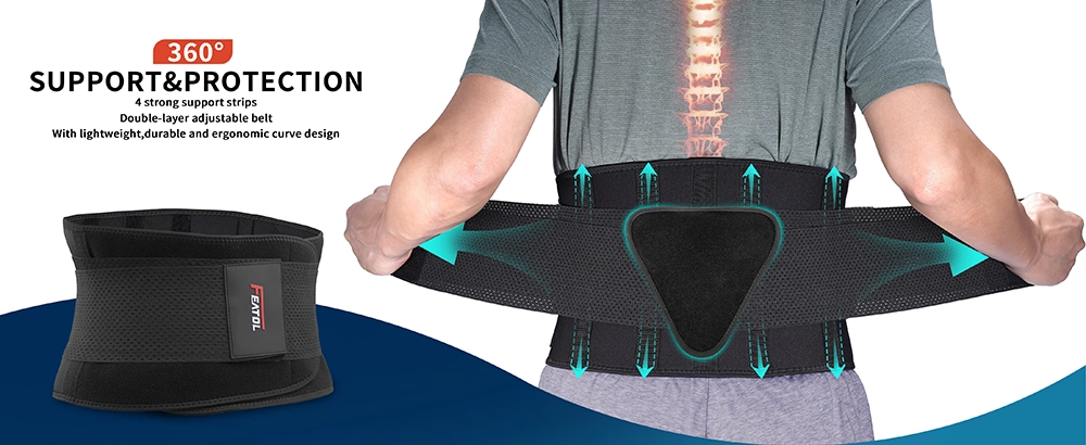 black FEATOL back brace with four strong support strips and double layer adjustable belt for 360 degree protection