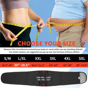 back brace size chart black measure waist at navel S/M L/XL XXL 3XL 4XL 5XL with height notes