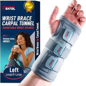 FEATOL grey carpal tunnel wrist brace night support left hand with metal splint for tendonitis sprain and arthritis