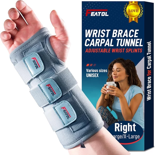 FEATOL grey carpal tunnel wrist brace night support right hand with metal splint for tendonitis sprain and arthritis