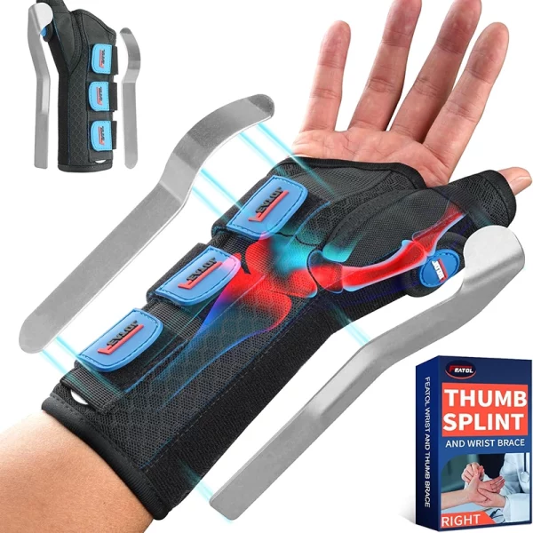 wrist and thumb brace right hand black and blue for carpal tunnel relief with thumb splint