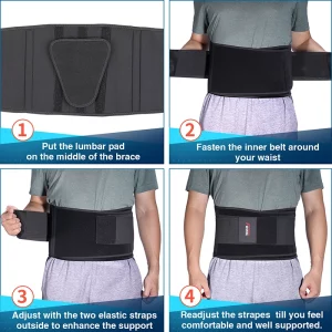 how to properly wear a black back brace step by step with lumbar pad inner belt and elastic straps