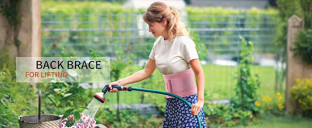 pink back support belt for men heavy lifting at work and warehouse tasks