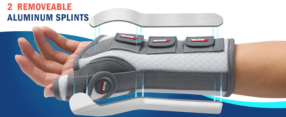 thumb and wrist brace white and pink with two removable aluminum splints for customizable support