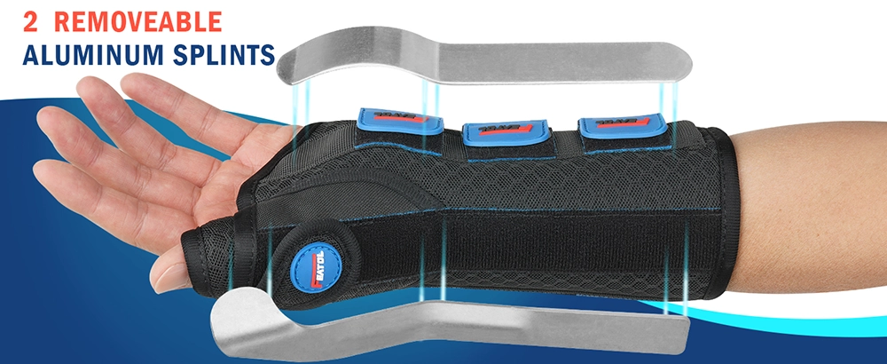 thumb and wrist brace with two removable aluminum splints for customizable support