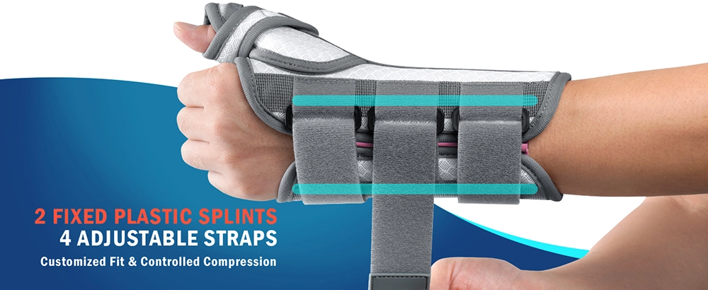 wrist thumb brace white and pink with two fixed plastic splints and four adjustable straps for customized fit and controlled compression