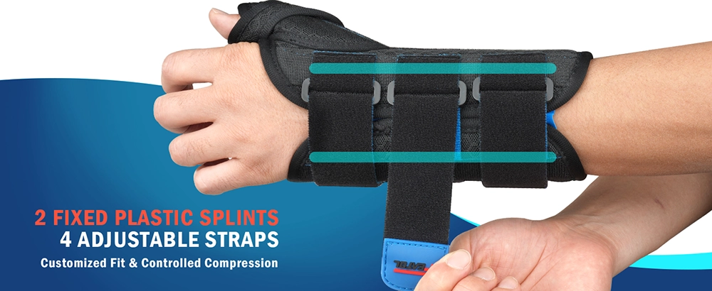 wrist thumb brace with two fixed plastic splints and four adjustable straps for customized fit and controlled compression