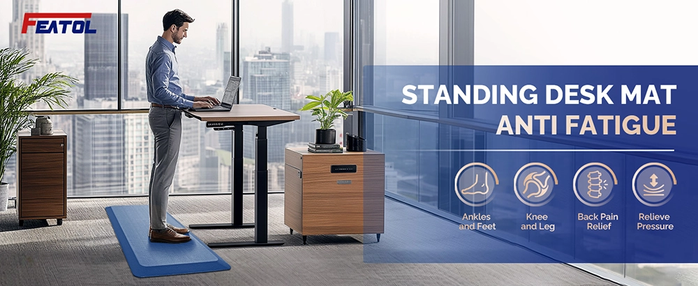 Anti fatigue standing desk mat blue relieving pressure on feet knees and back