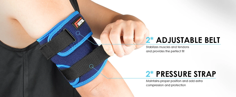 upper arm brace with two adjustable straps and two pressure straps for custom compression blue