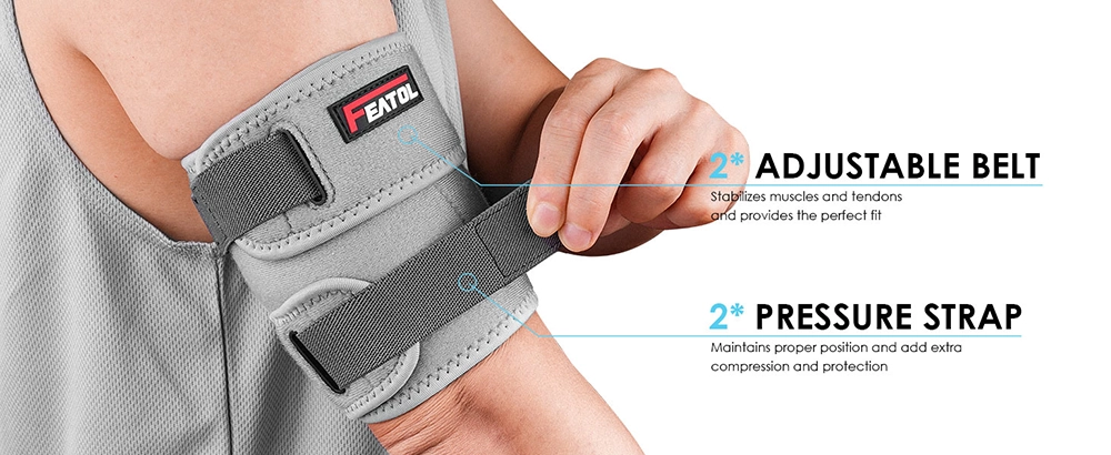 upper arm brace with two adjustable straps and two pressure straps for custom compression