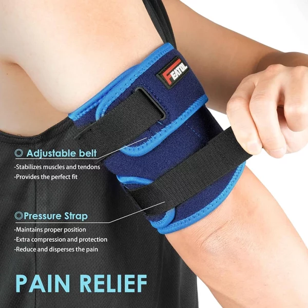 bicep tendonitis brace with adjustable straps and pressure bands blue