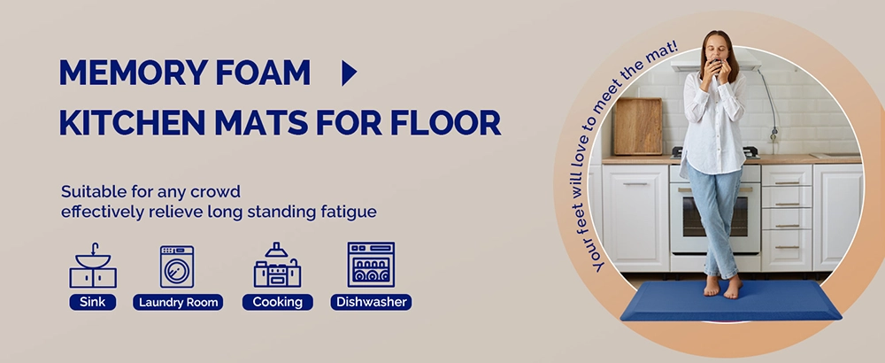 Blue kitchen mat for floor with memory foam anti fatigue support