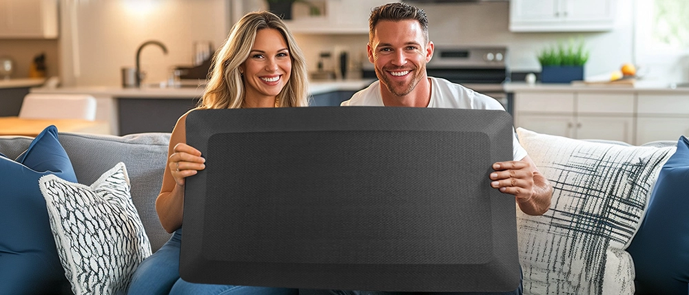 Couple holding a FEATOL anti-fatigue kitchen mat while sitting on a sofa, lifestyle scene