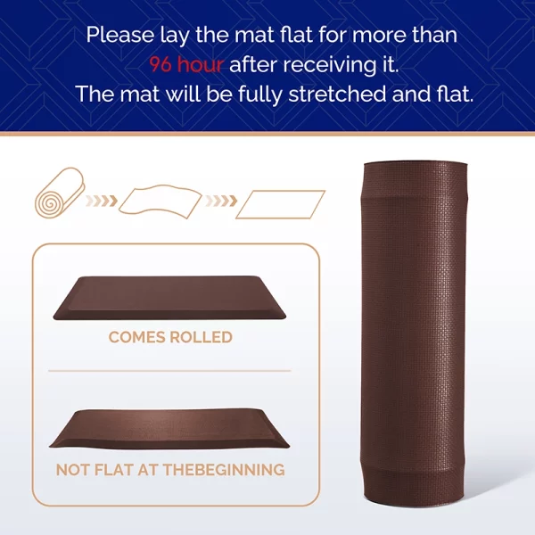 Anti fatigue mats for standing brown shipped rolled and flatten after 96 hours laying flat