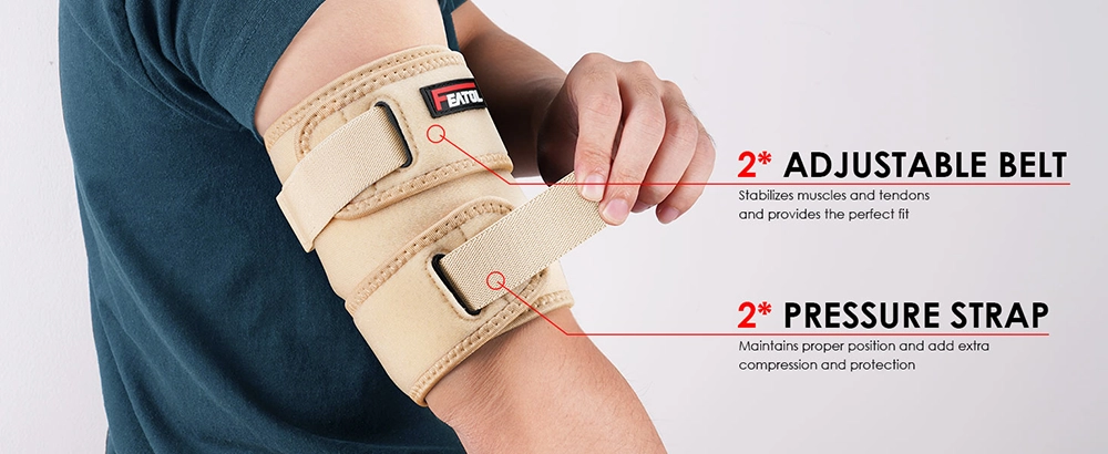 Beige bicep brace with adjustable belts and pressure straps for custom compression