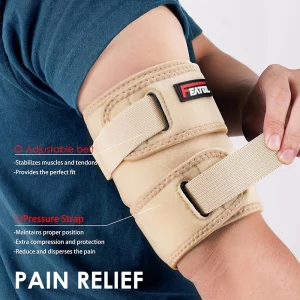 Beige bicep tendonitis brace with adjustable straps and pressure bands