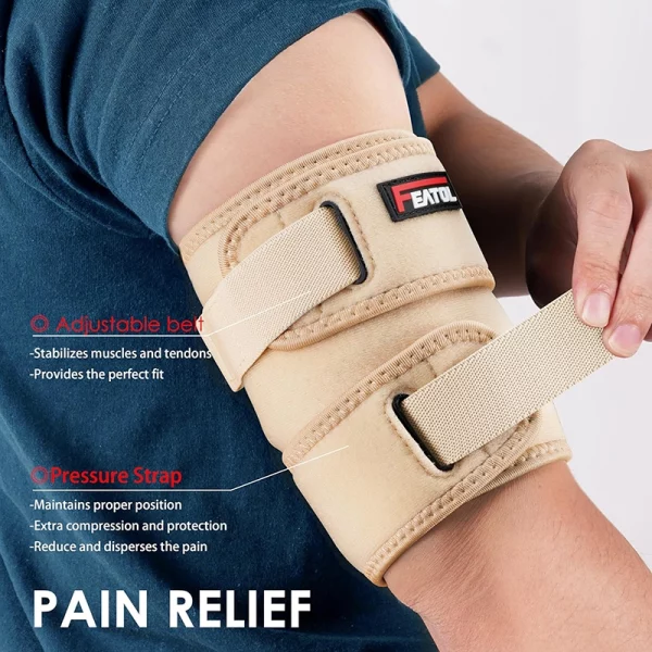 Beige bicep tendonitis brace with adjustable straps and pressure bands