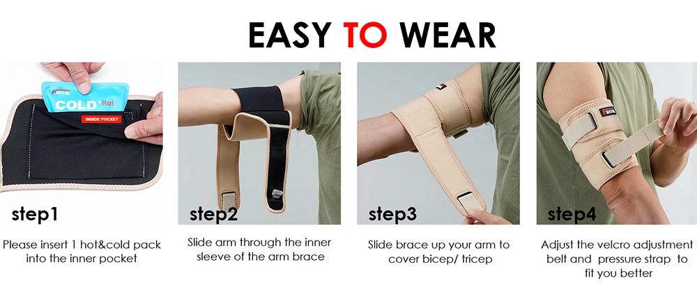 How to wear a beige bicep brace with gel ice packs step-by-step guide