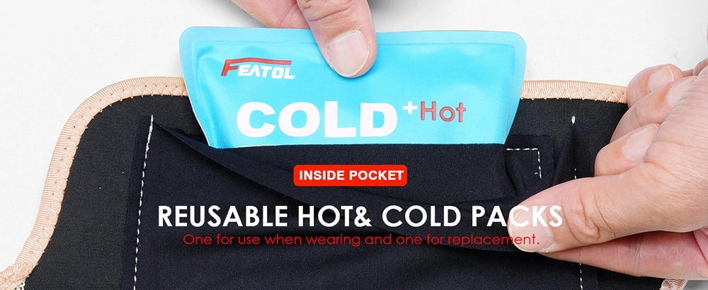 Beige bicep brace with inside pocket and two reusable hot and cold gel packs