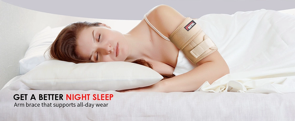 Beige upper arm brace for night support to reduce pain and swelling