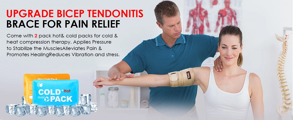 Bicep tendonitis brace with 2 gel ice packs for hot and cold therapy (beige)