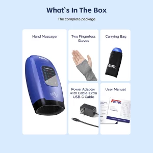 Cordless hand massager with heat and compression (blue) package contents: gloves, bag, adapter, USB-C, manual