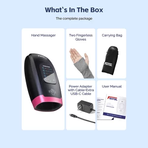 Cordless hand massager with heat and compression (pink) package contents: gloves, bag, adapter, USB-C, manual