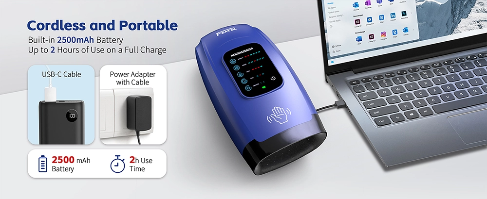 Cordless portable hand massager (blue) with 2500mAh battery, up to 2 hours use, USB-C charging