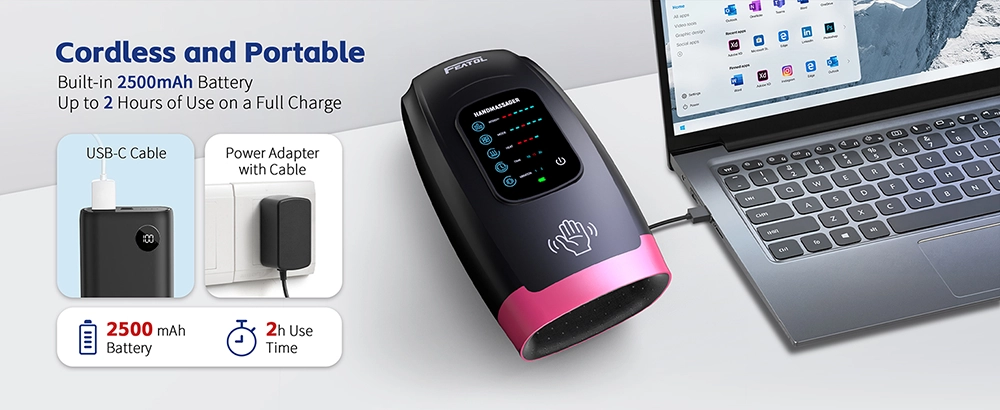 Cordless portable hand massager (pink) with 2500mAh battery, up to 2 hours use, USB-C charging