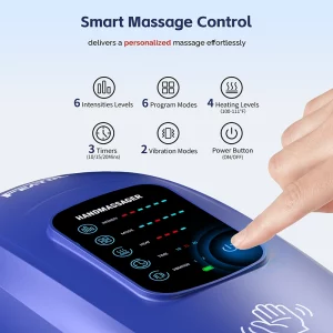Electric smart hand massager with heat (blue) with 6 intensities, 6 modes, timers and vibration