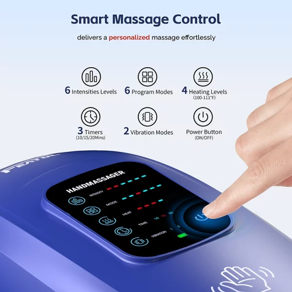 Electric smart hand massager with heat (blue) with 6 intensities, 6 modes, timers and vibration