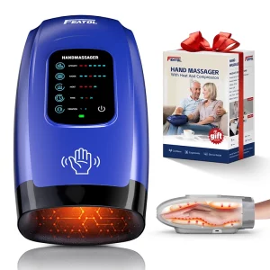 FEATOL cordless hand massager with heat and compression (blue), ergonomic stress relief gift