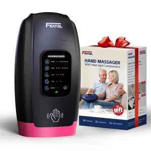 FEATOL cordless hand massager with heat and compression (pink), ergonomic stress relief gift