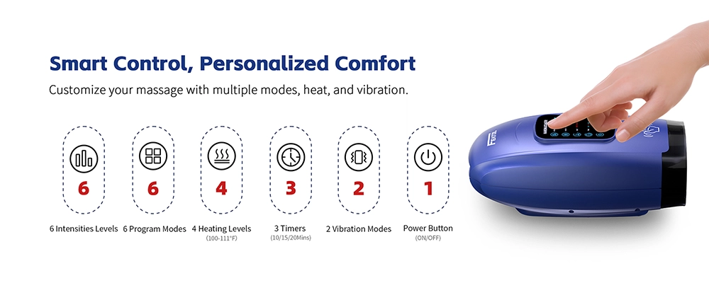 Smart control electric hand massager (blue) with modes, heat, vibration, intensities and timers