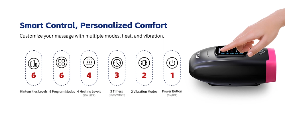 Smart control electric hand massager (pink) with modes, heat, vibration, intensities and timers