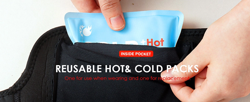 bicep brace with inside pocket and two reusable hot and cold gel packs black