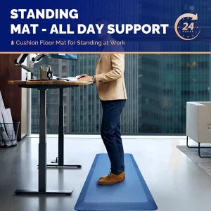 Standing desk floor mat blue cushioned for all-day support at work