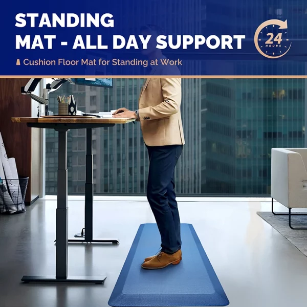 Standing desk floor mat blue cushioned for all-day support at work
