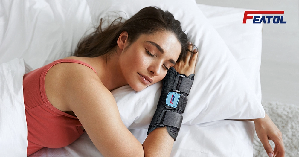 Woman sleeping comfortably while wearing a thumb spica splint for Gamekeeper’s thumb