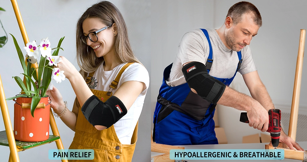 Woman gardening and man using power tools wearing FEATOL elbow brace for pain relief with hypoallergenic breathable material