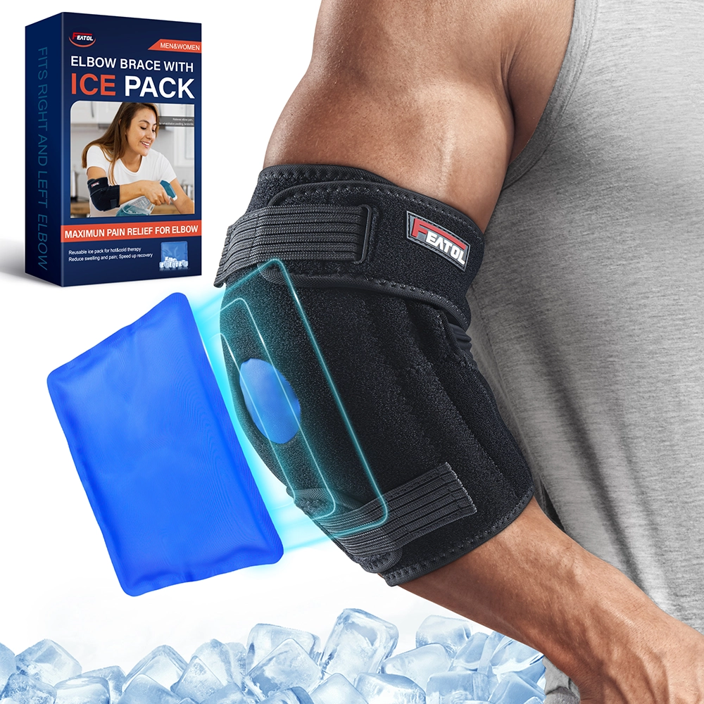 FEATOL elbow bursitis brace designed to protect the elbow tip and provide supportive compression