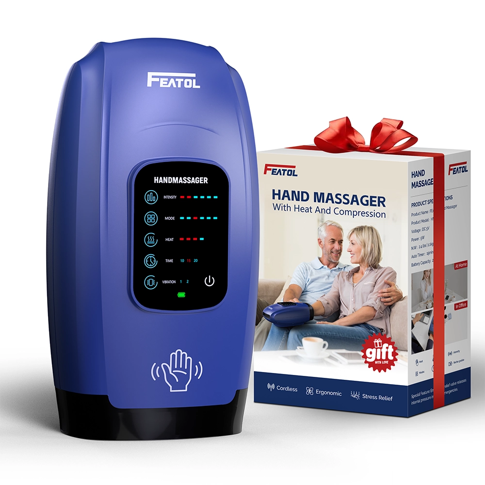 Hand massager for arthritis with heat and compression by FEATOL (cordless ergonomic design)