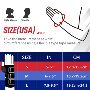Resting hand splint size chart by wrist circumference for women and men (gray)