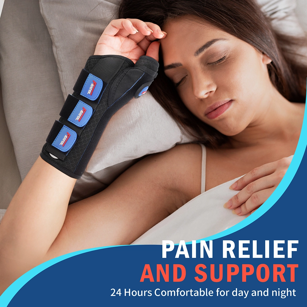 Woman wearing a thumb brace while sleeping for nighttime pain relief and support