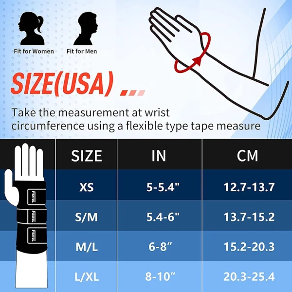 Wrist brace size chart – measure wrist circumference to choose the right fit – black