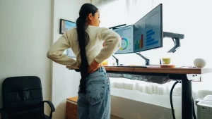 Woman at a standing desk experiencing back pain from long hours standing on a hard office floor